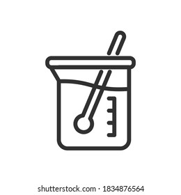 Beaker with liquid and thermometer. Liquid temperature measurement, linear icon. Editable stroke