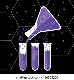 beaker with purple liquid is pouring into the tubes illustration isolated in a black background