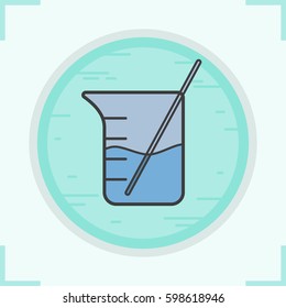 Beaker with rod and liquid color icon. Chemical experiment. Isolated vector illustration