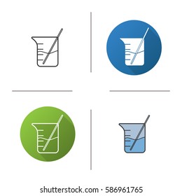 Beaker with rod and liquid icon. Flat design, linear and color styles. Chemistry experiment. Isolated vector illustrations