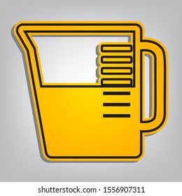 Beaker sign. Flat orange icon with overlapping linear black icon with gray shadow at whitish background. Illustration.