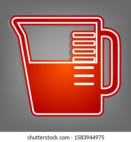 Beaker sign. Flat red icon with linear white icon with gray shadow at grayish background. Illustration.