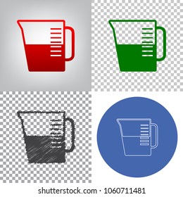 Beaker sign. Vector. 4 styles. Red gradient in radial lighted background, green flat and gray scribble icons on transparent and linear one in blue circle.