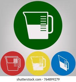 Beaker sign. Vector. 4 white styles of icon at 4 colored circles on light gray background.