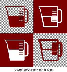 Beaker sign. Vector. Bordo and white icons and line icons on chess board with transparent background.