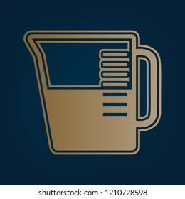 Beaker sign. Vector. Golden icon and border at dark cyan background.