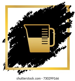 Beaker sign. Vector. Golden icon at black spot inside golden frame on white background.