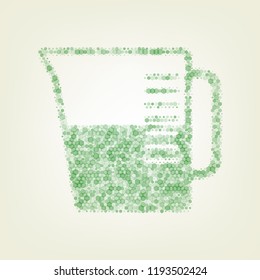 Beaker sign. Vector. Green hexagon rastered icon and noised opacity and size at light green background with central light.
