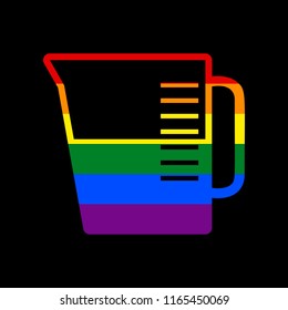 Beaker sign. Vector. Icon with colors of LGBT flag at black background.