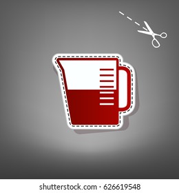 Beaker sign. Vector. Red icon with for applique from paper with shadow on gray background with scissors.