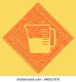 Beaker sign. Vector. Red scribble icon obtained as a result of subtraction rhomb and path. Royal yellow background.