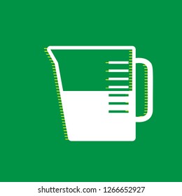 Beaker sign. Vector. White flat icon with yellow striped shadow at green background.