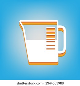 Beaker sign. Vector. White icon with 3d warm-colored gradient body at sky blue background.