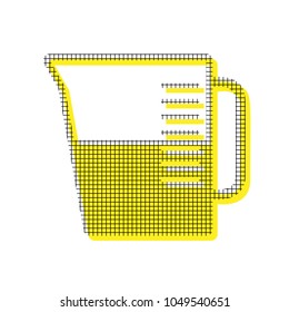 Beaker sign. Vector. Yellow icon with square pattern duplicate at white background. Isolated.