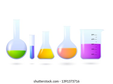 Beakers and flasks with chemical set. Experiment, laboratory, medical test. Chemistry concept. Vector illustration can be used for topics like science, education, medicine