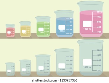 Ilustración vectorial de cristales de laboratorio. 5 tamaños de vectores de vidrio para beakers. Conjunto de beakers vacíos y beakers con líquido colorido dentro. 