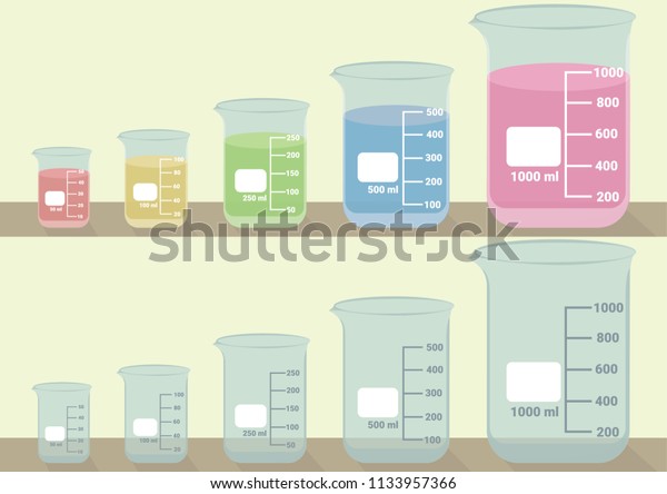 ビーカーズの研究室のグラスウェアのベクターイラスト ビーカーのグラスウェアベクター画像5個 空のビーカーとビーカー のセットで 中にカラフルな液体が入っています のベクター画像素材 ロイヤリティフリー