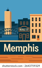 A Rua Beale, em Memphis, se estende ao longo do Rio Mississippi, com o horizonte da cidade subindo ao fundo. Esta vista mostra a rica herança cultural e musical da icônica cidade
