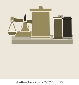 Beam balance drawn as a tilted arm with two trays of different size over a bench, a group of blocks in front breaking the symmetry, in sand olive colours as a flat geometric still life for science and object layouts.