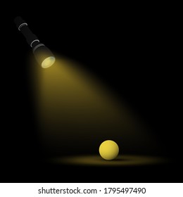 beam of flashlight light shines on a yellow ball in the dark. Search for answer to question, truth. Loneliness, wandering in dark. Abstract realistic illustration