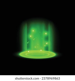 Beam frame effects game, green futuristic ray. Laser glow, energy aura or vortex, circle magic teleport. Digital flame hole tunnel. Fantasy fume podiums. Vector neon illustration on dark