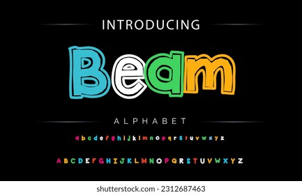 Beam Funky colorful cartoon font type. Vector alphabet