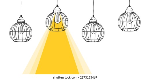 Beam of light banner. Loft lamps drawn by hand with a beam of light. Vector illustration