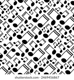 Beam music notes tilted diagonally and arranged in vector seamless pattern. Surface art texture in black and white for use in fabric or graphic design or printing on various surfaces.