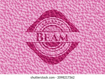 rosafarbenes Emblem mit Blasenhintergrund. Vektorgrafik. Detaillierte Angaben. 