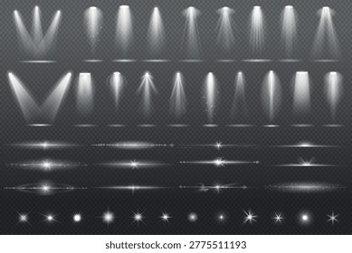 Beam spotlight set with floodlight rays and space illuminators lights effects, glitter flares. Realistic vector transparent elements for radiant streaks beam searchlight and isolated shimmer graphics.