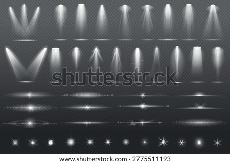 Beam spotlight set with floodlight rays and space illuminators lights effects, glitter flares. Realistic vector transparent elements for radiant streaks beam searchlight and isolated shimmer graphics.