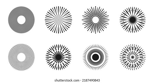 Beam of sun are black and white. Circle of firework lines. Set of vector graphic symbols in gothic style.