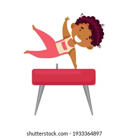 Beaming African American Boy Doing Gymnastics Vaulting on Pommel Horse Vector Illustration