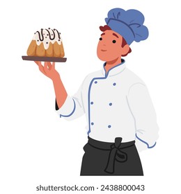 Beaming Confectioner Male Character Holds An Exquisite Tray With A Meticulously Crafted Cake. Pride Gleams In Their Eyes, Showcasing A Masterpiece Of Sweet Delight. Cartoon People Vector Illustration