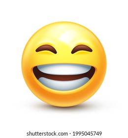 Beaming emoji with smiling eyes. Grinning emoticon with radiant smile. Full-toothed grin on happy yellow face 3D stylized vector icon