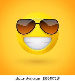 Beaming face emoji with stylish sunglasses and an open smile with a full-toothed grin as if saying Cheese! for the camera