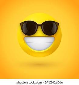 Beaming face emoji with sunglasses and a broad, open smile with a full-toothed grin as if saying Cheese! for the camera