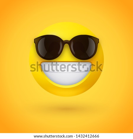 Beaming face emoji with sunglasses and a broad, open smile with a full-toothed grin as if saying Cheese! for the camera