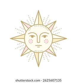Beaming golden sun with a human face in vintage style isolated on a white background. Celestial mystical symbol. T-shirt print design in subtle colors.