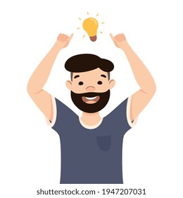 Beaming Man with Glowing Lightbulb Having Idea Finding Problem or Puzzle Solution Half Length Vector Illustration