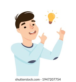 Videando a un hombre con bombilla brillante que tiene la idea de encontrar un problema o solución de rompecabezas, luz vectorial de media longitud