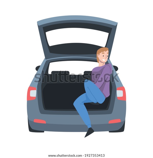 Beaming Man Sitting in Car Trunk Taking\
Picture Vector\
Illustration