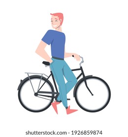 Beaming Man Standing Near Bicycle Enjoying Vacation or Weekend Activity Vector Illustration