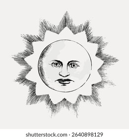 Beaming sun, celestial illustration isolated on white, vector.