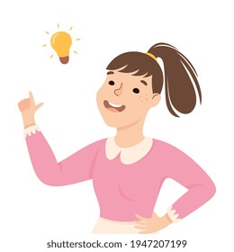 Beaming Woman with Glowing Lightbulb Having Idea Finding Problem or Puzzle Solution Half Length Vector Illustration