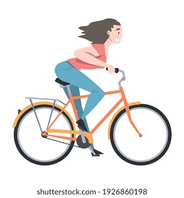 Beaming Woman Riding Bicycle Enjoying Vacation or Weekend Activity Vector Illustration