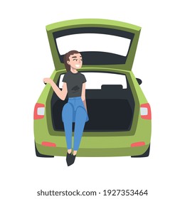 Beaming Woman Sitting in Car Trunk Taking Picture Vector Illustration
