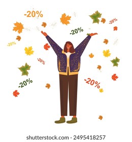 A beaming young woman joyfully throws up bright autumn leaves, outdoors.discounts, interest rates fall  A delightful celebration of seasonality