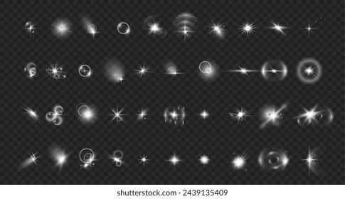 Beams and gleams, isolates et of realistic lens flare effects. Vector camera reflection or tweak, splashes and bursts from bright sun or light. Optical glint and sparkle, flashlight and shining