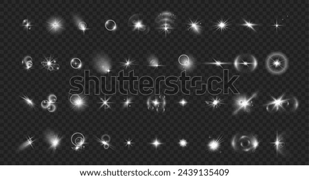 Beams and gleams, isolates et of realistic lens flare effects. Vector camera reflection or tweak, splashes and bursts from bright sun or light. Optical glint and sparkle, flashlight and shining